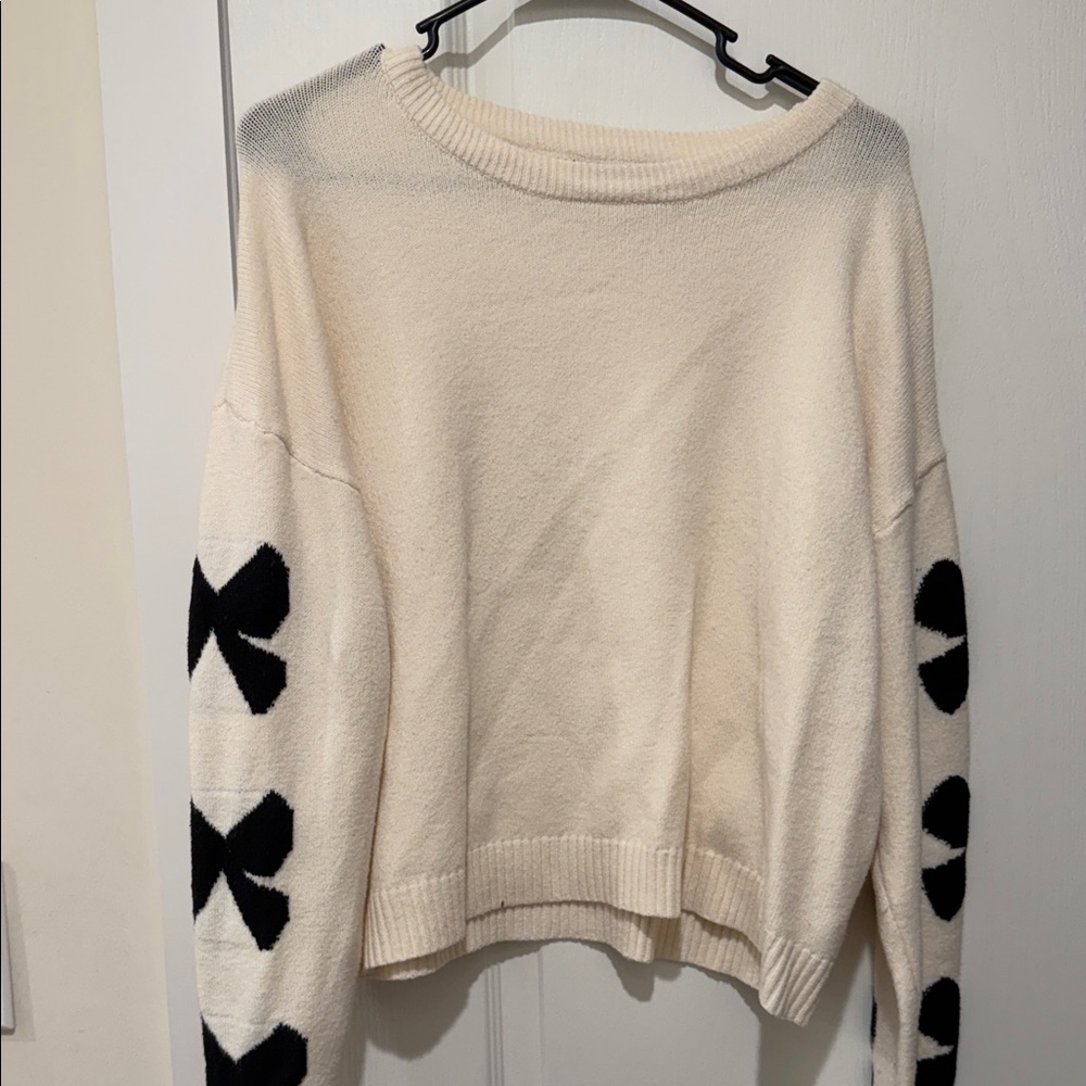 SHEIN Cream Sweater with Black Bow Details